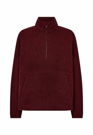 Bordeaux fleece pullover met een halve rits kraag, zijzakken en een gestructureerd oppervlak. Heeft een comfortabele pasvorm en lange mouwen.