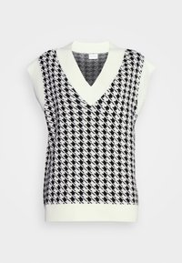 Veste sans manches en maille pied-de-poule noir et blanc avec un décolleté en V profond, un col et un ourlet côtelés ; manches courtes, texture douce.