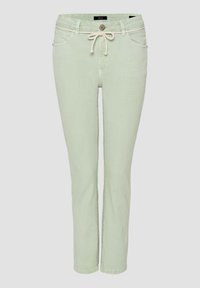 Ljusgröna slim-fit byxor med bälteshällor, framfickor, knappstängning och en vit snörning i midjan.