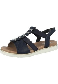 Granatowe sandały z syntetycznymi paskami, elastycznymi akcentami, metalowymi elementami i wyściełaną, beżową podeszwą. Projekt z odkrytymi palcami.