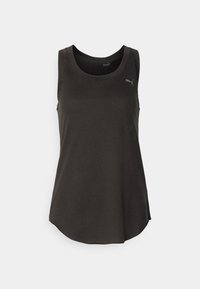 Donkergrijze mouwloze tanktop gemaakt van zachte stof met een ronde halslijn en een licht aflopende zoom. Heeft een klein zilverkleurig logo op de borst.