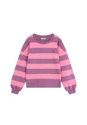 Sudadera a rayas con bandas alternas en rosa y morado, cuello redondo y mangas gather. Tejido suave con un ajuste relajado.