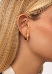 Goldene Creolen mit glatter Oberfläche und einer Reihe klarer Steine an einem Ring, getragen im Ohr und umrahmt von glattem, blonden Haar.