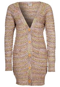 Dlouhý vícerozměrný pletený cardigan s výstřihem do V, pěti dřevěnými knoflíky, dvěma předními kapsami a žebrovanými manžetami a spodním lemem.