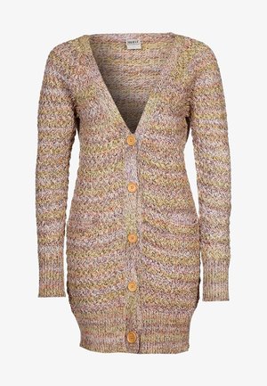 Dlouhý vícerozměrný pletený cardigan s výstřihem do V, pěti dřevěnými knoflíky, dvěma předními kapsami a žebrovanými manžetami a spodním lemem.