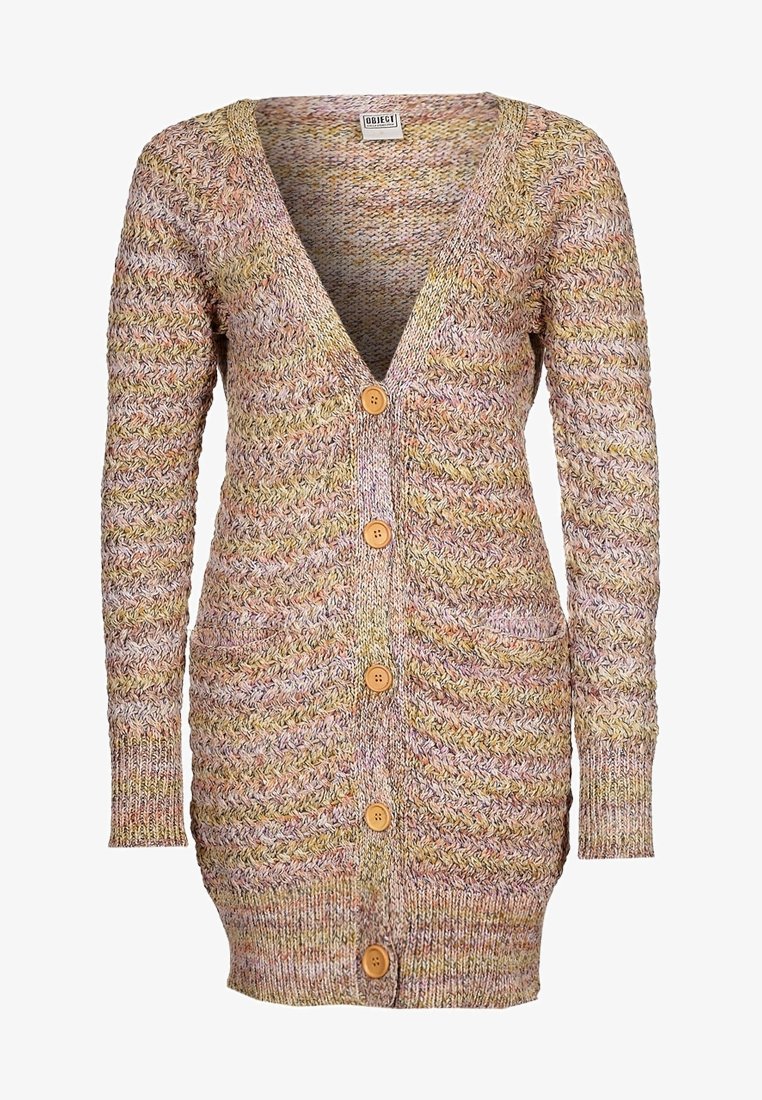 Dlouhý vícerozměrný pletený cardigan s výstřihem do V, pěti dřevěnými knoflíky, dvěma předními kapsami a žebrovanými manžetami a spodním lemem.