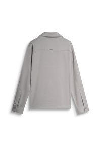 Grijze langstraatshirt met een kraag, knoop manchetten en een enkele achterkantnaad. Soepele stoftextuur met een minimalistisch ontwerp.