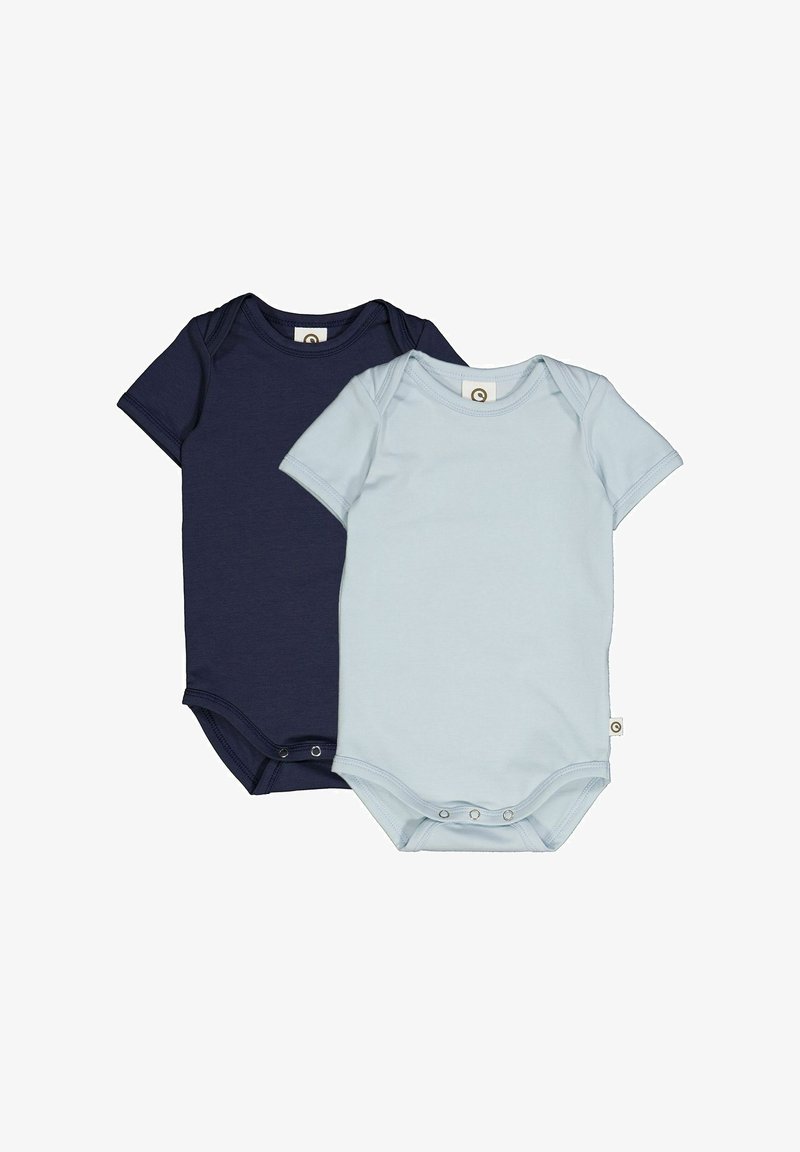 Two short-sleeve bodysuits: one in navy blue and one in light blue, made of soft cotton; features snap closures at the bottom.