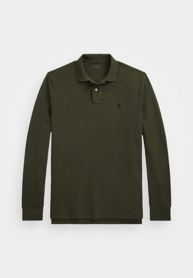 Langärmliges Polohemd aus dunkelolivgrünem Baumwollstoff, mit einem Kragen, zwei Knöpfen und gesticktem Logo auf der linken Brust.