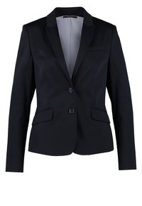 Blazer negro con cuello muescado, cierre de dos botones y dos bolsillos frontales. Tejido suave con un ligero brillo, ajuste entallado.