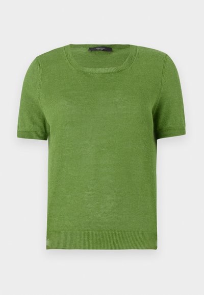 Grøn kortærmet strikket sweater med rund halsudskæring, der har en glat tekstur og ribbede detaljer ved ærmerne og kanten.