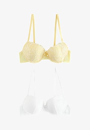 Du striukės liemenėlės su viela, viena geltona su gėlėta nėriniuotė ir viena balta su siūtu raštu, abi su reguliuojamomis petnešomis.