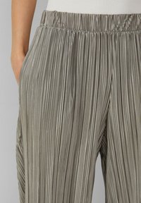 Grijze geplooide broek met een elastische tailleband, voorzien van verticale strepen. Twee zijzakken zijn zichtbaar, met een gladde textuur.
