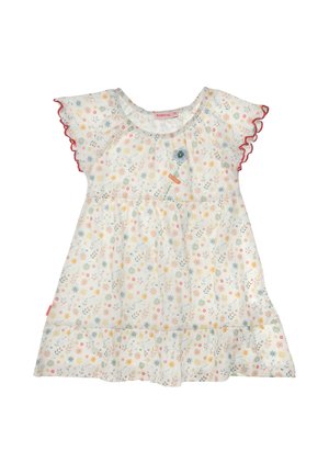 Vestito bianco per bambina con stampa floreale multicolore, maniche corte arricciate bordate di rosso e gonna arricciata con ricamo floreale.
