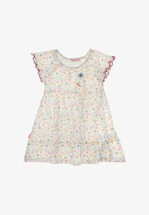 Weißes Kleinkind-Kleid mit mehrfarbigem Blumenmuster, kurzen Rüschenärmeln mit roter Kante und einem gerafften Rock mit Blumenstickerei.