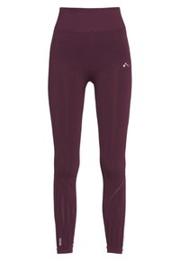 Burgundské legíny s vysokým pasem, vyrobené z elastického materiálu, s dekorativními výřezy a detailem loga blízko lemu.