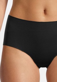 Hochtaillierte schwarze Unterwäsche aus glattem, dehnbarem Stoff, mit nahtlosem Design und einem bequemen elastischen Bund.