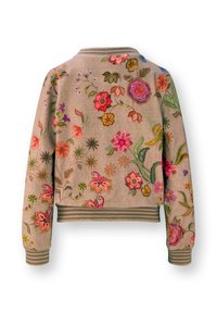 Beige geborduurde bomberjack van stof met kleurrijke bloemenpatronen. Geribde manchetten en zoom, met gedetailleerde stiksels doorheen.