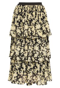 Falda negra de volantes adornada con patrones florales en blanco y amarillo, con una cinturilla fruncida que proporciona una silueta fluida y elegante.