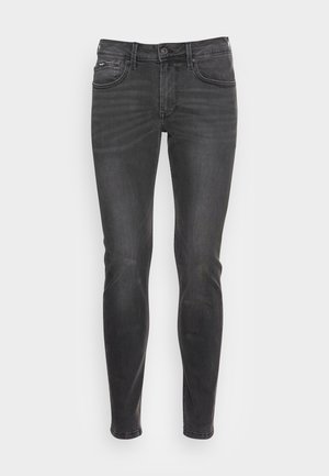 Slim-fit black jeans with a smooth texture, featuring a classic five-pocket design and subtle fading along the front.