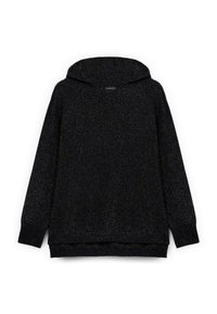 Felpa nera con cappuccio e finitura lavorata a maglia, dotata di maniche lunghe e orlo posteriore più basso. Realizzata in materiale morbido.