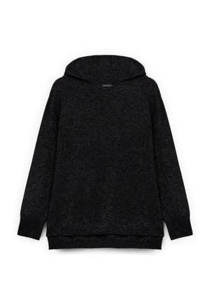 Felpa nera con cappuccio e finitura lavorata a maglia, dotata di maniche lunghe e orlo posteriore più basso. Realizzata in materiale morbido.