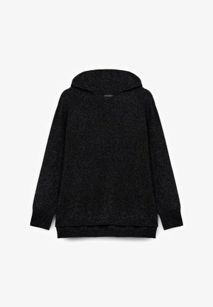 Felpa nera con cappuccio e finitura lavorata a maglia, dotata di maniche lunghe e orlo posteriore più basso. Realizzata in materiale morbido.