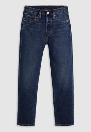 Mørkeblå denimjeans med rett ben-design. Har glidelås med knappefeste, fem lommer og kontrastsying.