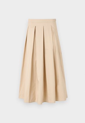 Bež midi krilo z visokim pasom, sprednjimi naborki v obliki škatle in razširjeno silhueto, prikazano na belem ozadju.