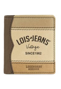 Cartera con paneles de cuero beige, marrón claro y marrón oscuro, que presenta la marca "LOIS JEANS Vintage Since 1962 Legendary Division".