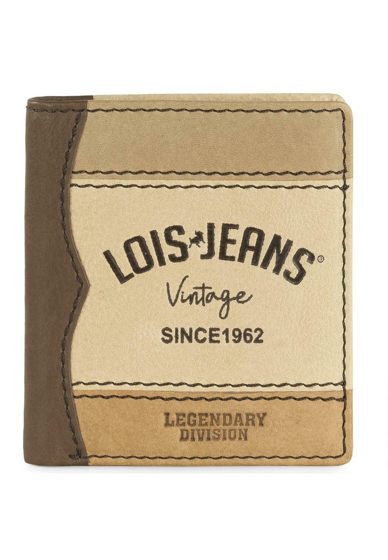 Cartera con paneles de cuero beige, marrón claro y marrón oscuro, que presenta la marca "LOIS JEANS Vintage Since 1962 Legendary Division".