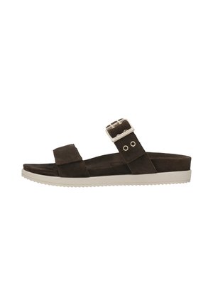 Brown suede slide sandal with two straps, one adjustable with a metal buckle, and a white textured sole.