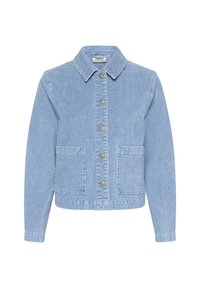 Hele sinise denimpusa, millel on krae, nööpidega esikülg, kaks esikotti ja soonikstruktuur.