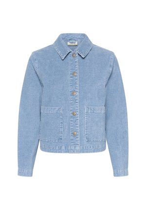 Light blue denim jacket with a collared neckline, button front, two front pockets, and ribbed texture.
