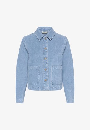 Light blue denim jacket with a collared neckline, button front, two front pockets, and ribbed texture.