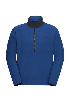 Blauer Fleecepullover mit schwarzem Kragen, Viertelreißverschluss und kleinem Logo auf der Brust. Weiche Textur und lange Ärmel.