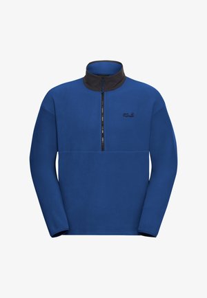 Blauer Fleecepullover mit schwarzem Kragen, Viertelreißverschluss und kleinem Logo auf der Brust. Weiche Textur und lange Ärmel.