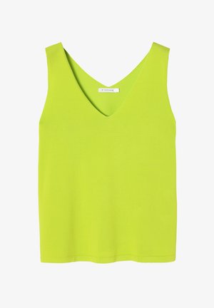 Lindgrünes, ärmelloses Oberteil mit tiefem V-Ausschnitt, aus glattem Stoff gefertigt, mit geradem Saum und ohne Muster oder Verzierungen.