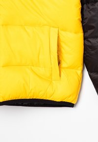 Section d'une doudoune jaune et noire montrant une poche avant jaune avec rabat et une manche noire sur un fond blanc.