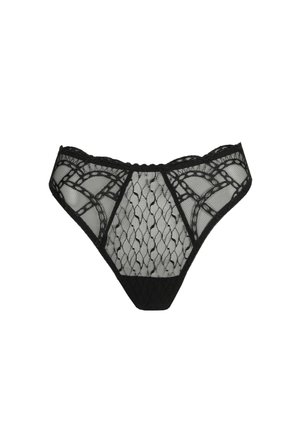 Zwarte kanten damesbikinislip met bloemen- en meshpatronen en geschulpte randen op een witte achtergrond.