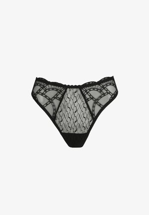 Zwarte kanten damesbikinislip met bloemen- en meshpatronen en geschulpte randen op een witte achtergrond.