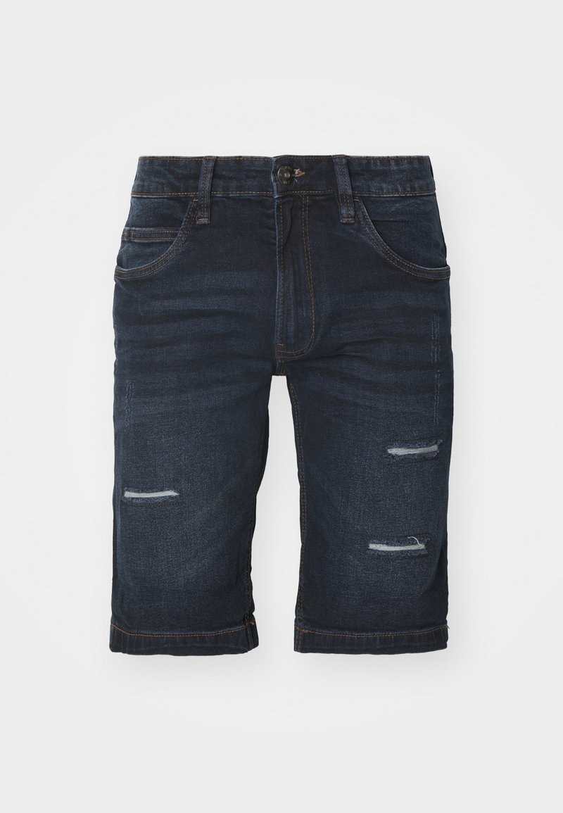 Donkerblauwe spijkerbroek shorts met een versleten ontwerp, voorzien van rafelige kniebeschermers, vijf zakken en een standaard tailleband met riemlussen.