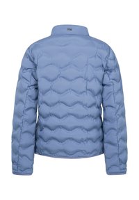 Puff-Jacke in Hellblau mit gesteppter Musterung, Stehkragen und elastischen Bündchen. Hergestellt aus leichtem, isoliertem Material.