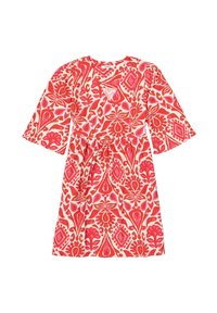 Vestido corto floral hecho de una tela ligera, con un estampado en rojo y rosa, mangas cortas, escote cuadrado y cintura ajustada.