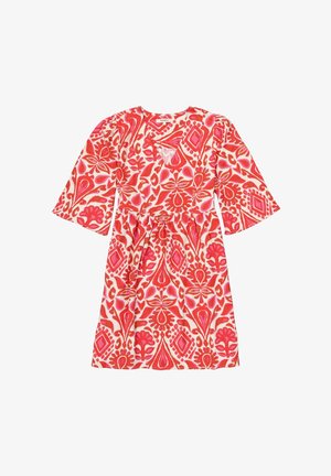 Floral short dress made of lightweight fabric, featuring a red and pink pattern, short sleeves, a square neckline, and a cinched waist.