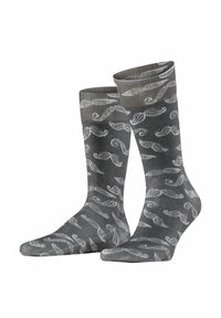 Graue Socken mit einem weißen Schnurrbartmuster, gefertigt aus weichem Stoff mit glatter Textur und einem gerippten Bündchen.