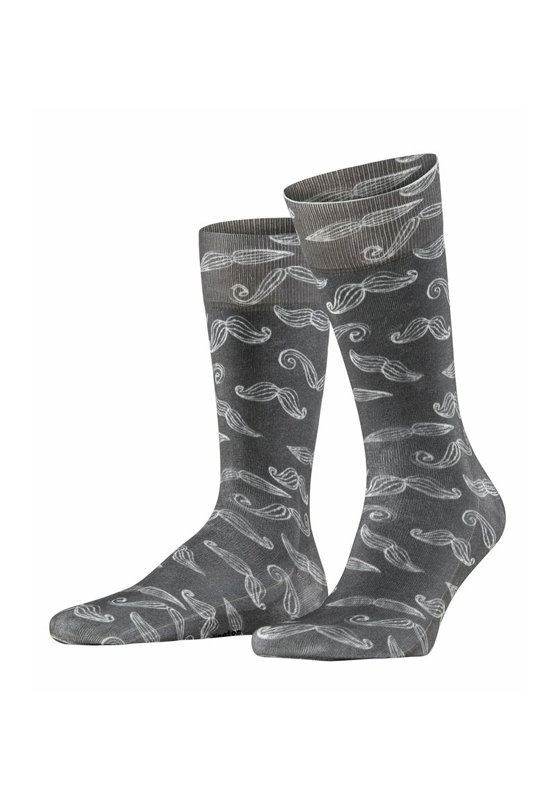 Graue Socken mit einem weißen Schnurrbartmuster, gefertigt aus weichem Stoff mit glatter Textur und einem gerippten Bündchen.