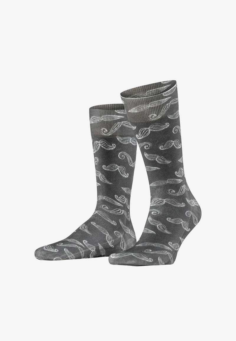 Graue Socken mit einem weißen Schnurrbartmuster, gefertigt aus weichem Stoff mit glatter Textur und einem gerippten Bündchen.