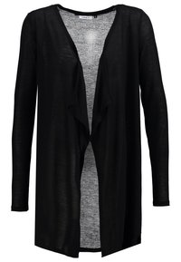 Cardigan leggero nero con maniche lunghe, design aperto sul davanti e una texture leggermente trasparente, sovrapposto a un tessuto interno grigio.