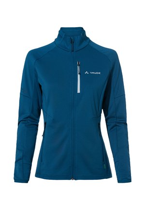 Blaue Zip-Jacke aus strukturiertem Stoff, mit hohem Kragen, zwei seitlichen Taschen und einer Brusttasche mit einem kontrastierenden Reißverschluss.